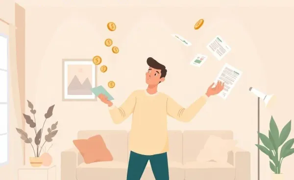 A person balancing coins and financial documents at home