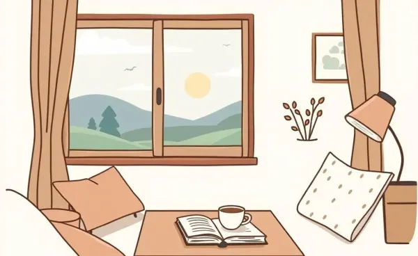 A cozy living room with a journal and a teacup by the window