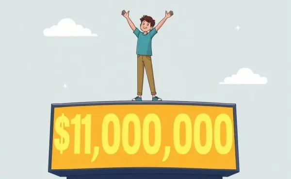 A person celebrating on top of a digital $1,000,000 display