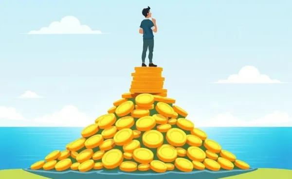 A person standing atop a mountain of coins with a sea in the background symbolizing financial independence.