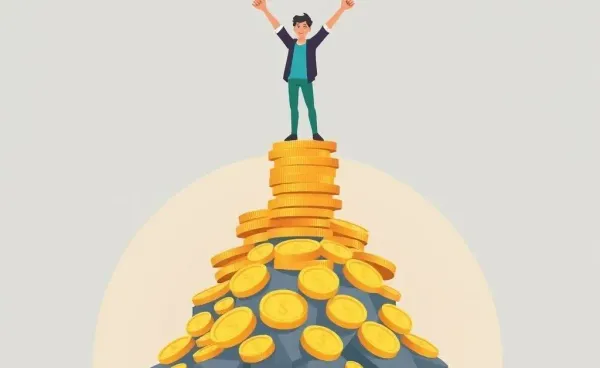 A person standing on a pile of coins representing financial success.
