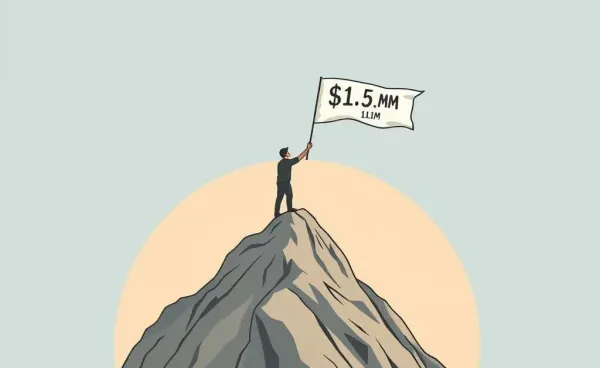 Person reaching a mountaintop with a $1.5M flag