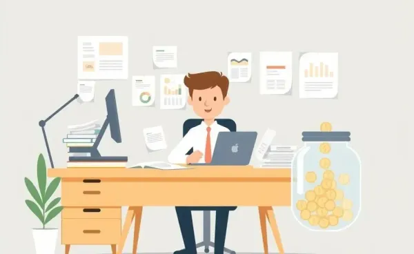 Illustration of a person at a desk with financial documents and a savings jar.