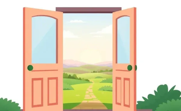 A cartoon drawing of an open door leading to a calm and inviting landscape, symbolizing opportunity and freedom