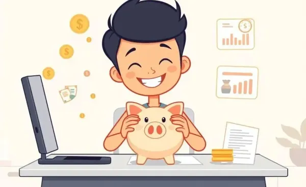 A person planning financial independence with a piggy bank and notebook.