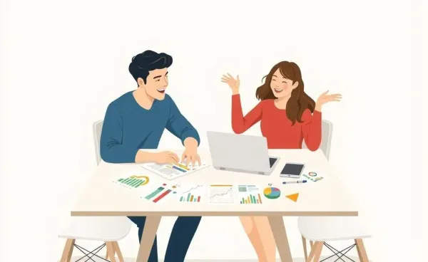 Young couple planning financial independence surrounded by charts and a laptop