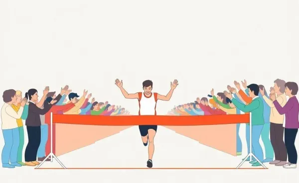 A person reaching the finish line of a financial independence race, cheered by a crowd.