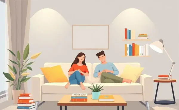 Couple enjoying a peaceful moment in a cozy living room with financial planning books.