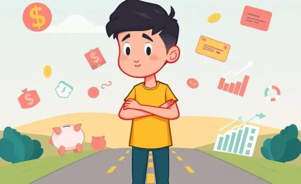A young adult contemplating financial independence at a forked road.