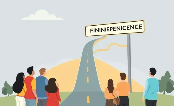 An illustration showing a road sign labeled 'Financial Independence' with paths branching out.