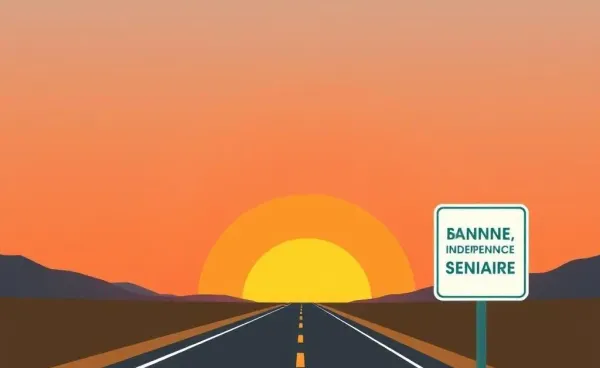 An open road with a sign pointing towards financial independence at sunset