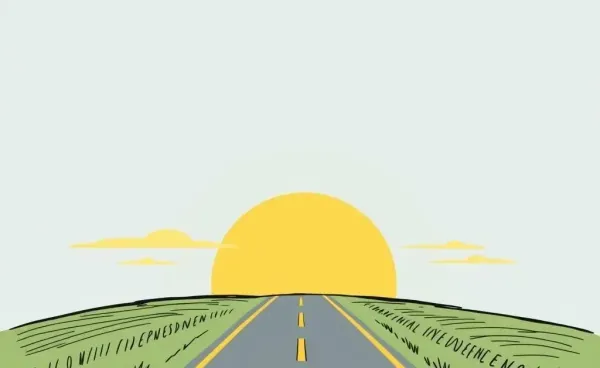 Illustration of a road leading to financial independence with a sunny horizon