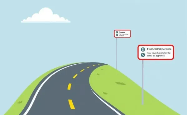 Cartoon-style road depicting the path to financial independence with milestone markers