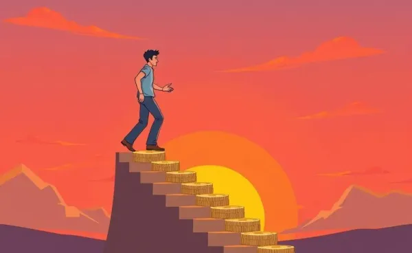 A cartoon person climbing a coin staircase towards a sunset representing financial independence.