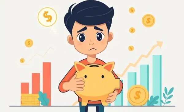 A person looking uncertain while holding a piggy bank surrounded by symbols of financial growth.