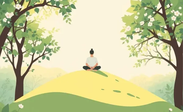 A person meditating on a hill surrounded by nature, signifying clarity and independence