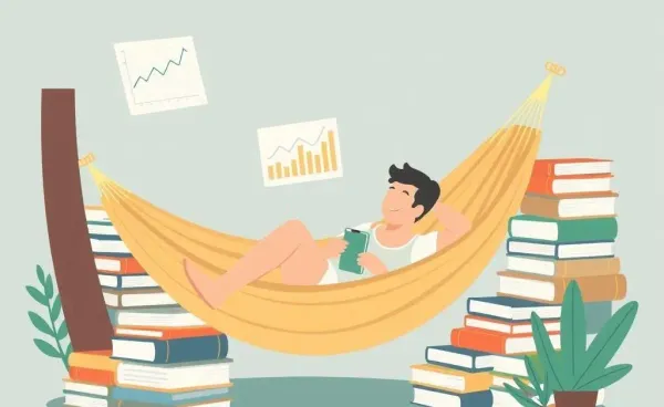 A person relaxing in a hammock with investment books and charts around them.