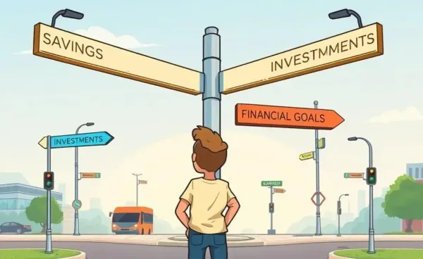 Illustration of a person at a financial crossroads with savings, investments, and goals.