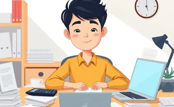 Illustration of a young person navigating financial documents at a desk