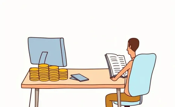 Illustration of a person navigating financial planning with a computer and planner