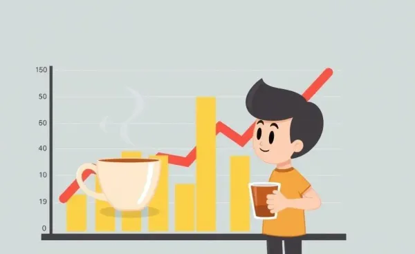 Drawing of a figure analyzing a financial growth chart with tea
