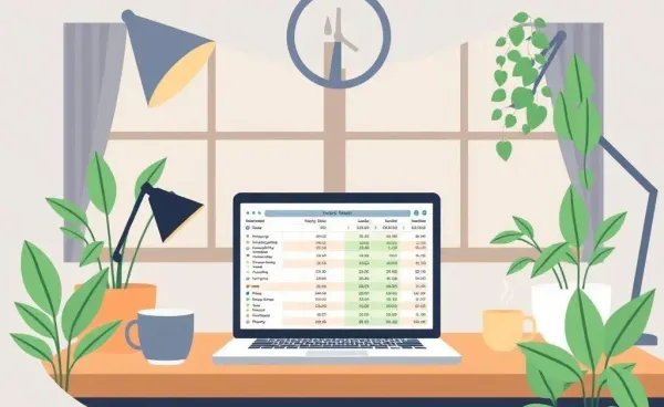 Cozy home office with a laptop open on a budgeting spreadsheet