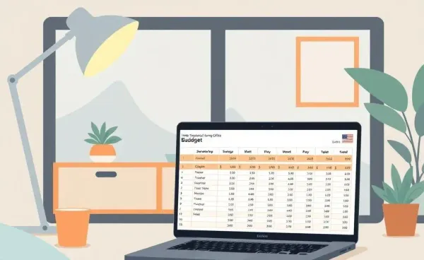 A cozy home office with a laptop showing a financial spreadsheet