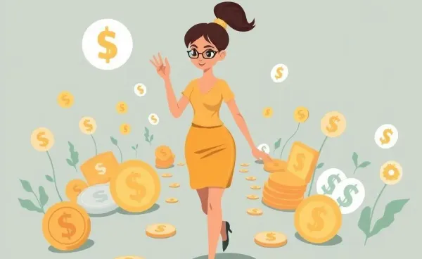 Illustration of a woman walking on a path with financial symbols