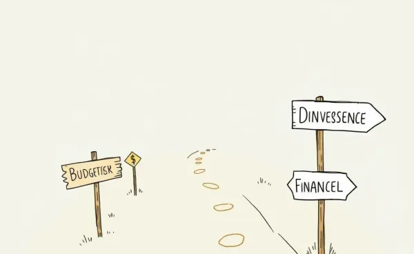Illustration of a financial journey path with signs indicating budgeting and investment