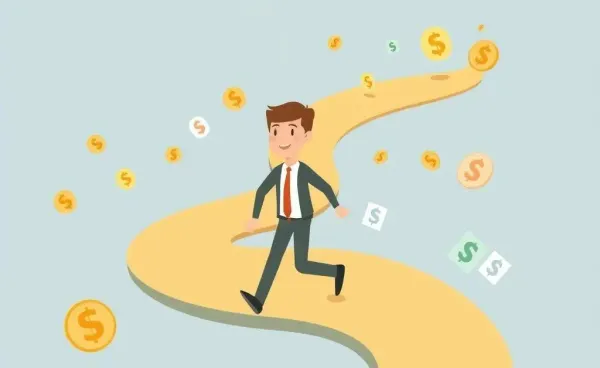 A cartoon drawing of a person on a path with financial symbols