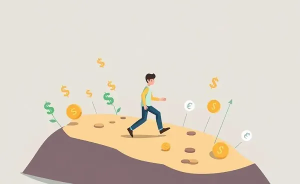 A cartoon illustration of a person navigating a path with various financial symbols.