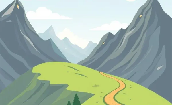 A cartoon-style path winding through mountains symbolizing a journey to financial freedom