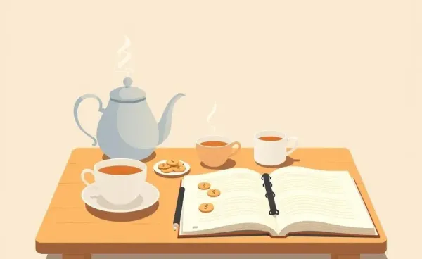 A cozy tea table scene with financial planning tools and an open notebook