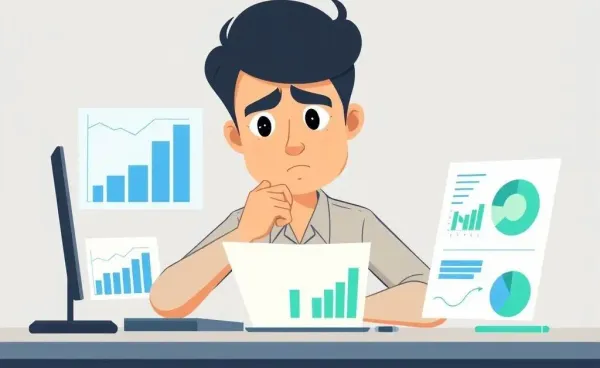 Person looking at financial graphs with a puzzled yet determined expression