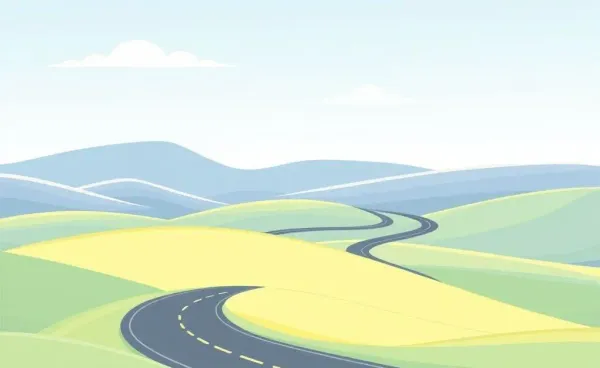 A winding road through a tranquil landscape representing financial journey