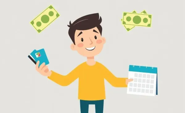 Person balancing credit cards, money, and a planner in a cartoon style