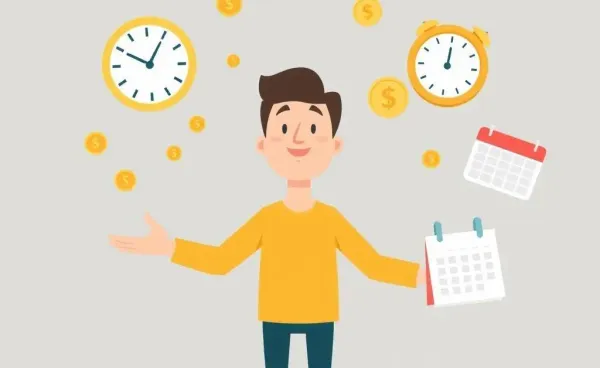 A person juggling financial symbols like coins and a clock