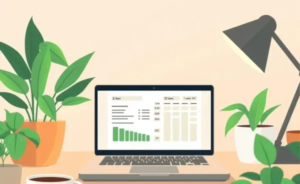 A cozy home desk setup with a laptop displaying a budget planning app
