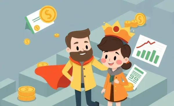 An illustration of a guide leading through a financial maze with coins and charts.