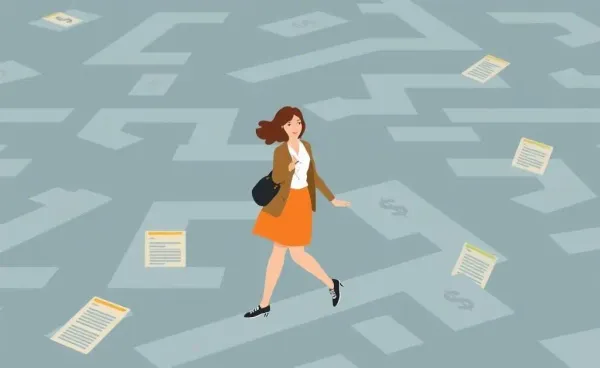 A cartoon illustration of a woman navigating a maze representing financial challenges