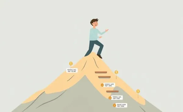 A person happily climbing a mountain with financial milestones marked along the path