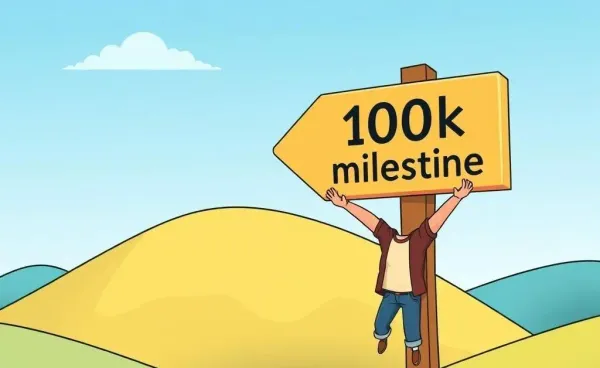 Illustration of a person reaching a $100k milestone on a map.