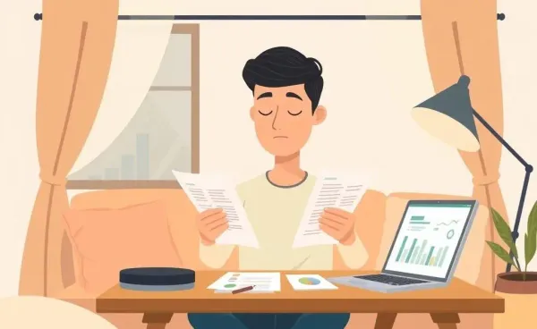 A cartoon-style depiction of financial mindfulness in a cozy setting