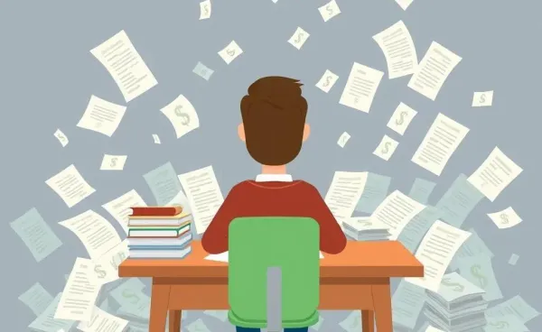A person with a cup of coffee, navigating financial documents at their desk.