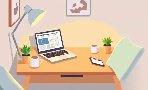 Cozy home office desk with a laptop displaying financial news