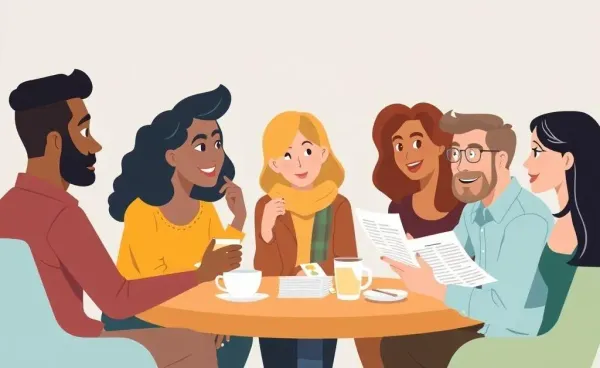 Group of people discussing financial news over coffee