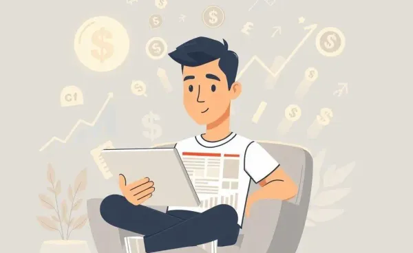 A person reading financial news on a tablet with financial symbols around.