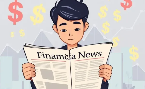 Person reading financial news with graphs and dollar signs in the background