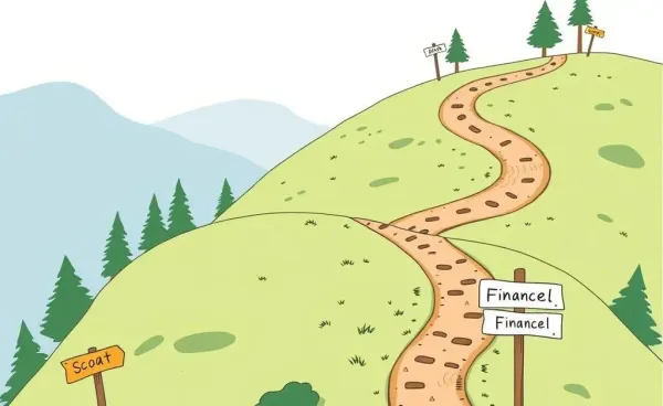 A hand-drawn roadmap guiding through financial milestones with signposts
