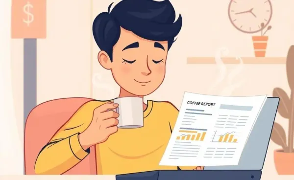 Person enjoying coffee while reviewing budget on a laptop